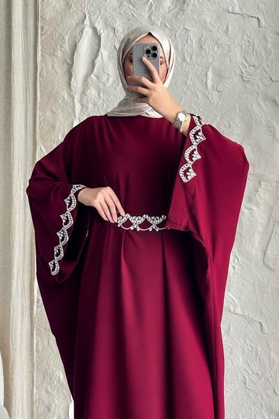 Taş Kemerli Yarasa Kol Bordo Abaya