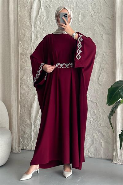Taş Kemerli Yarasa Kol Bordo Abaya