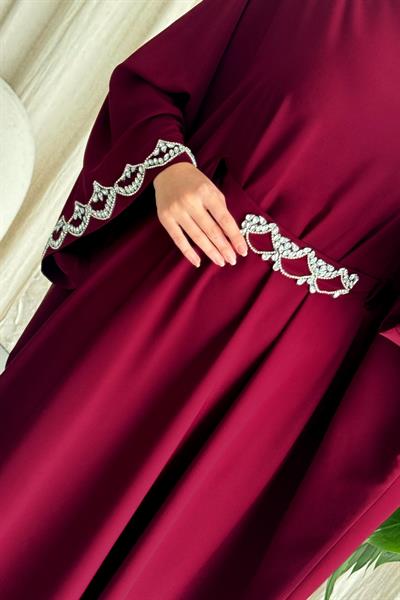 Taş Kemerli Yarasa Kol Bordo Abaya