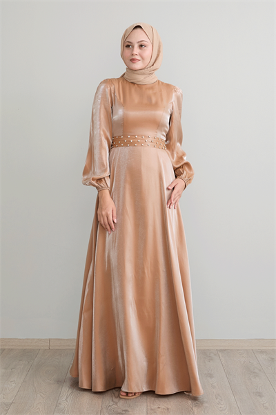 Taş Kuşaklı Simli Kahverengi Saten Elbise