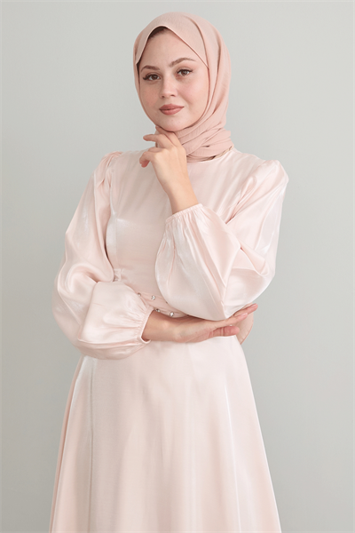 Taş Kuşaklı Simli Pudra Saten Elbise