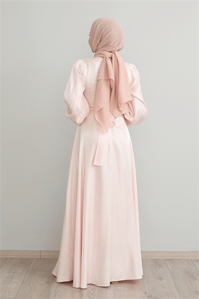 Taş Kuşaklı Simli Pudra Saten Elbise