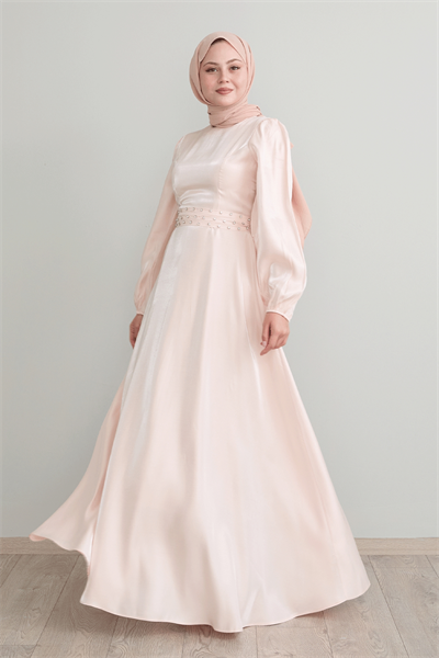 Taş Kuşaklı Simli Pudra Saten Elbise