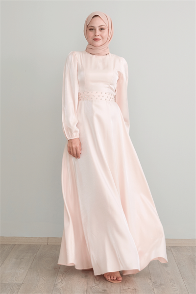 Taş Kuşaklı Simli Pudra Saten Elbise