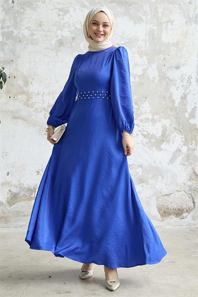 Taş Kuşaklı Simli Saks Mavisi Saten Elbise