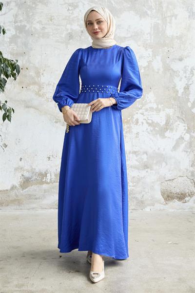 Taş Kuşaklı Simli Saks Mavisi Saten Elbise