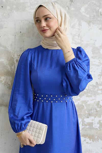 Taş Kuşaklı Simli Saks Mavisi Saten Elbise