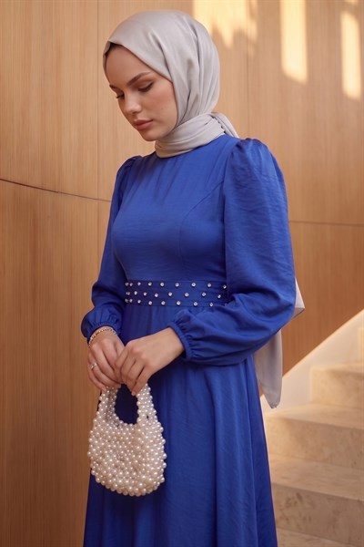 Stone Belt Glitter Sapphire Blue Satin Dress