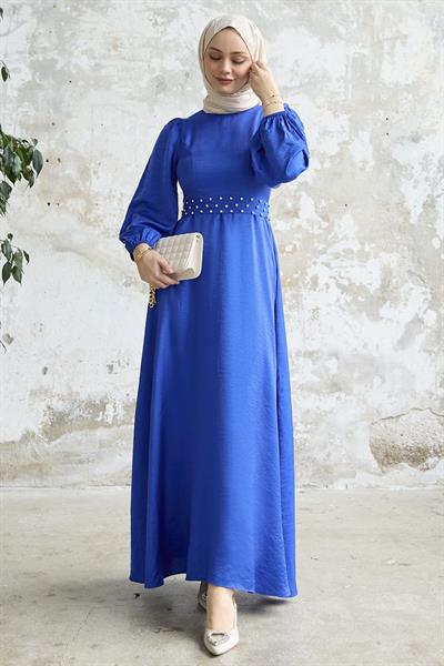 Taş Kuşaklı Simli Saks Mavisi Saten Elbise