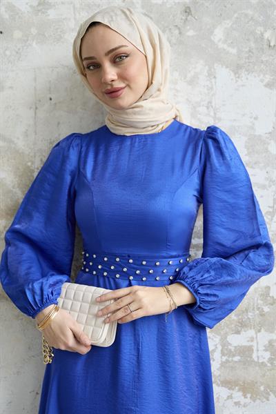 Taş Kuşaklı Simli Saks Mavisi Saten Elbise