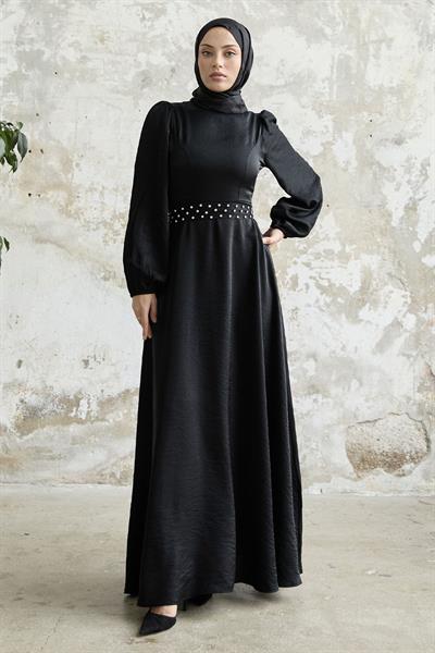 Taş Kuşaklı Simli Siyah Saten Elbise