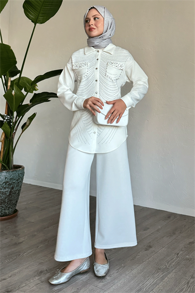 Stone and Pearl-Detail White Two-Piece Set