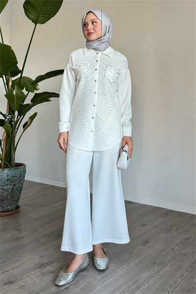 Stone and Pearl-Detail White Two-Piece Set