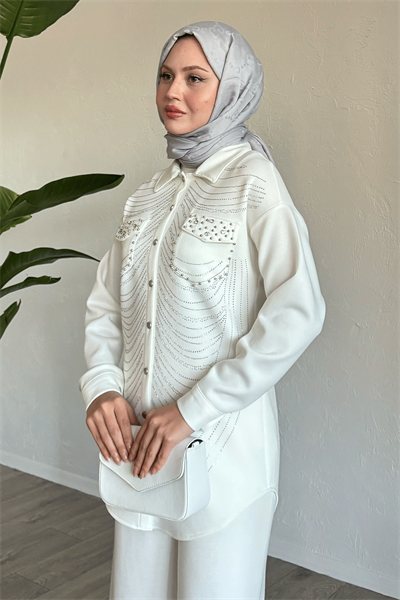Stone and Pearl-Detail White Two-Piece Set