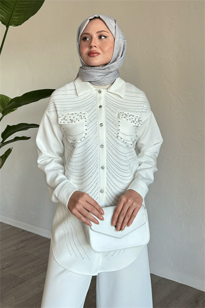 Stone and Pearl-Detail White Two-Piece Set