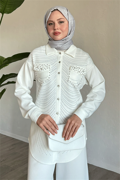 Stone and Pearl-Detail White Two-Piece Set