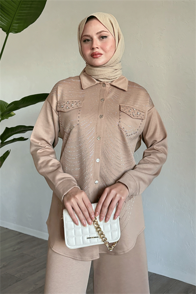 Stone and Pearl-Detail Camel Two-Piece Set