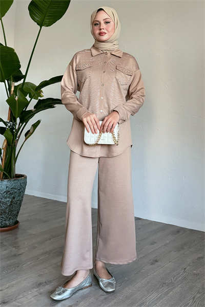 Stone and Pearl-Detail Camel Two-Piece Set