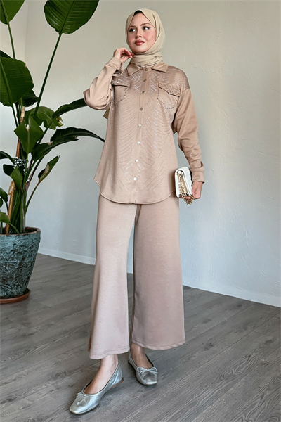 Stone and Pearl-Detail Camel Two-Piece Set