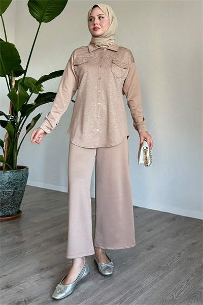Stone and Pearl-Detail Camel Two-Piece Set