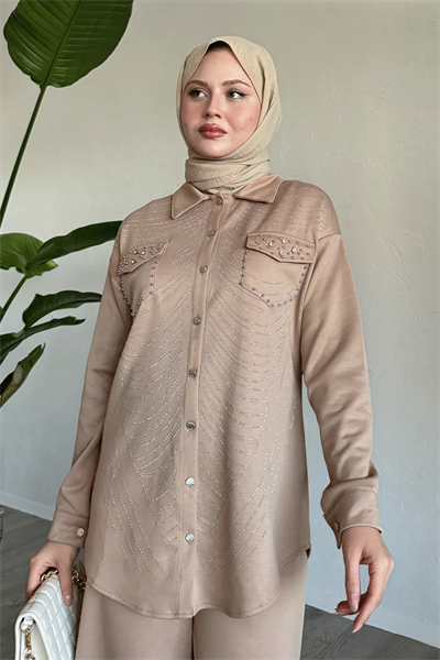 Stone and Pearl-Detail Camel Two-Piece Set
