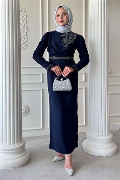 Simli Tüylü Lacivert Abiye