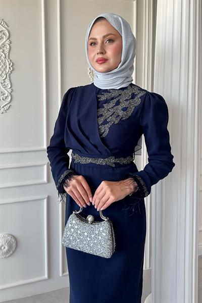 Simli Tüylü Lacivert Abiye