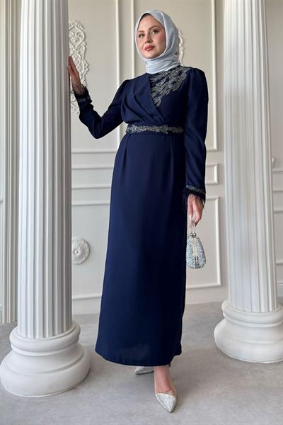 Simli Tüylü Lacivert Abiye