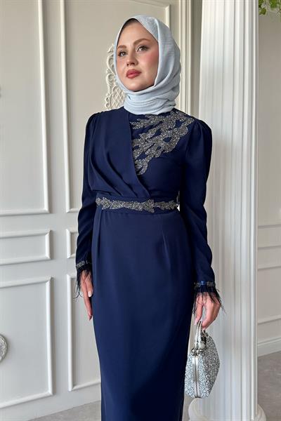 Simli Tüylü Lacivert Abiye