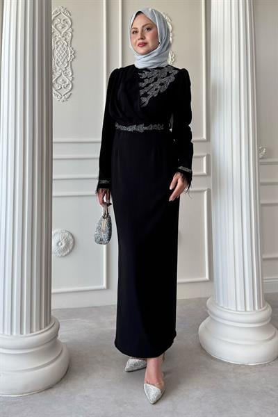 Simli Tüylü Siyah Abiye