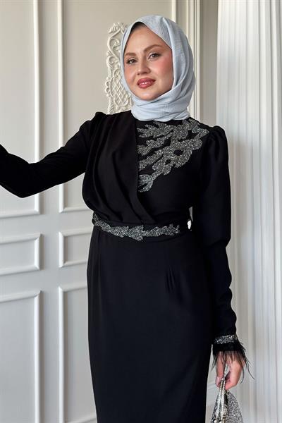 Simli Tüylü Siyah Abiye