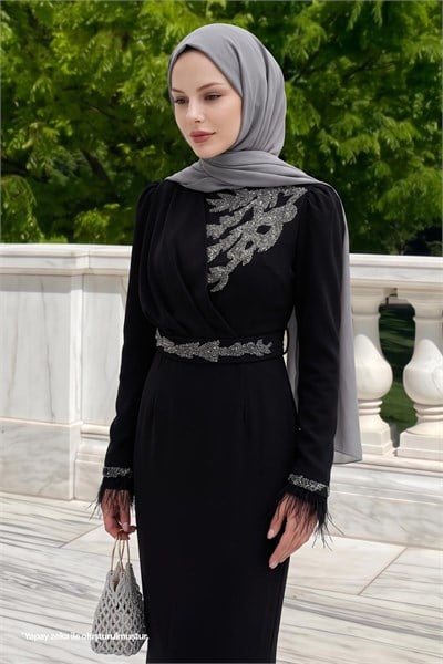 Simli Tüylü Siyah Abiye