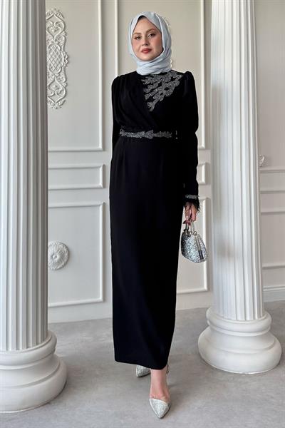 Simli Tüylü Siyah Abiye