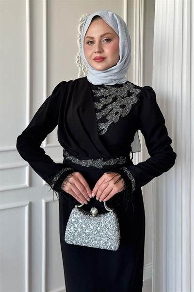 Simli Tüylü Siyah Abiye