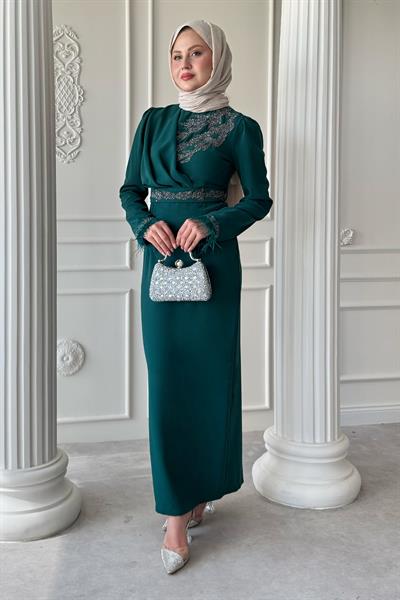 Simli Tüylü Zümrüt Yeşili Abiye