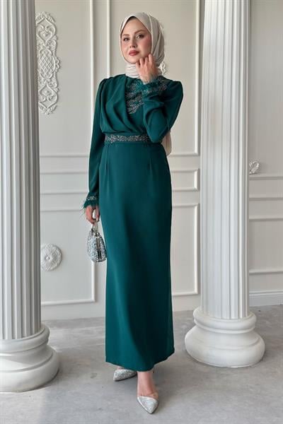 Simli Tüylü Zümrüt Yeşili Abiye