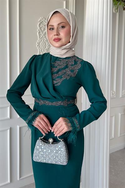 Simli Tüylü Zümrüt Yeşili Abiye