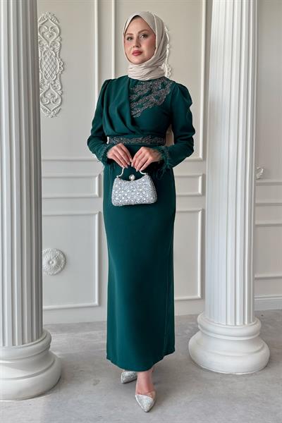 Simli Tüylü Zümrüt Yeşili Abiye