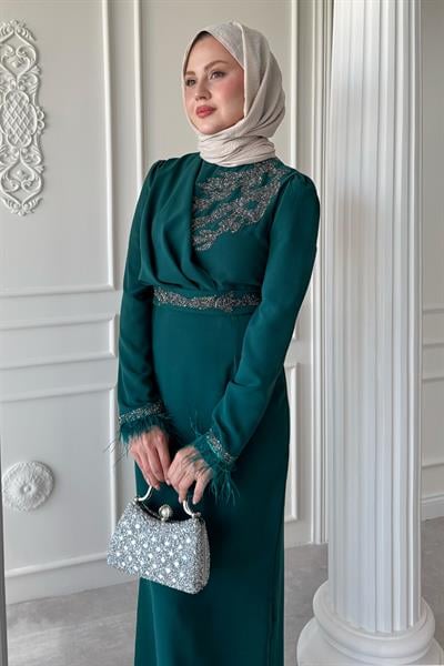 Simli Tüylü Zümrüt Yeşili Abiye