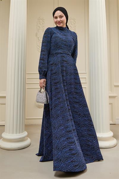 Taşlı Buzy Mavi Elbise