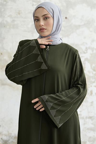 Taşlı Geniş Kol Haki Ferace 