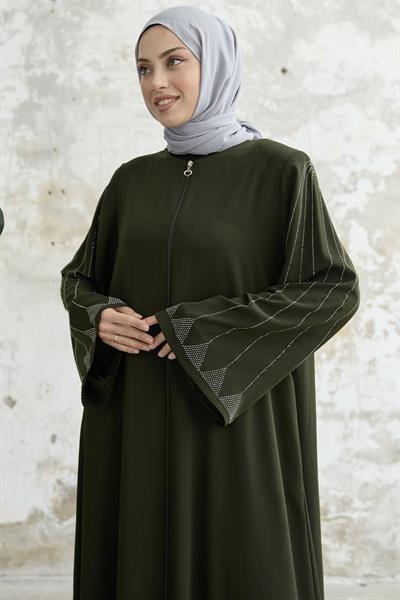 Taşlı Geniş Kol Haki Ferace 