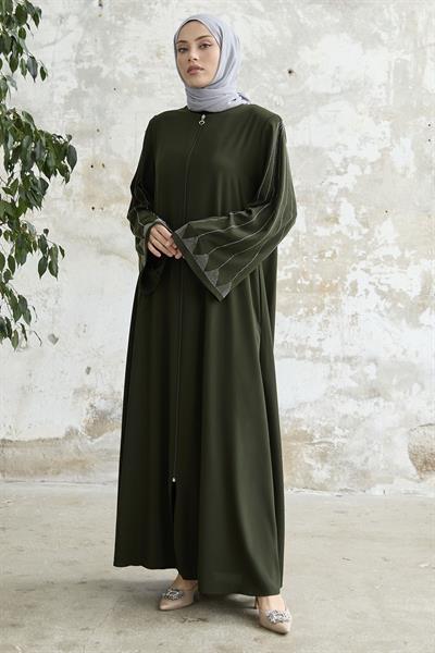 Taşlı Geniş Kol Haki Ferace 