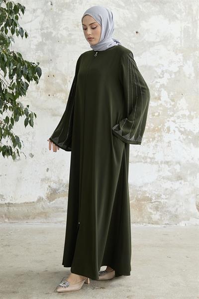 Taşlı Geniş Kol Haki Ferace 