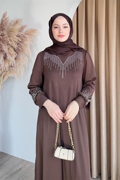 Taşlı İncili Acı Kahve Scuba Elbise