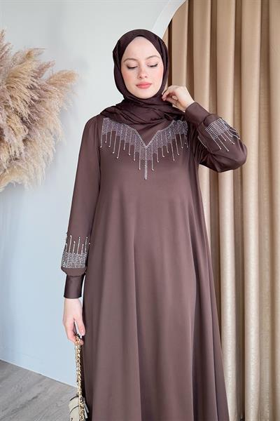 Taşlı İncili Acı Kahve Scuba Elbise