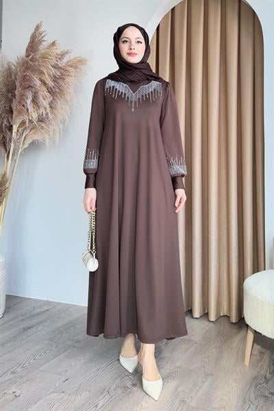 Taşlı İncili Acı Kahve Scuba Elbise