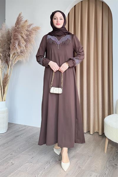 Taşlı İncili Acı Kahve Scuba Elbise