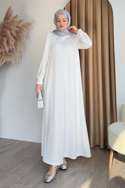 Taşlı İncili Beyaz Scuba Elbise