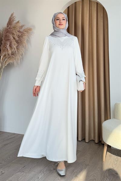 Taşlı İncili Beyaz Scuba Elbise